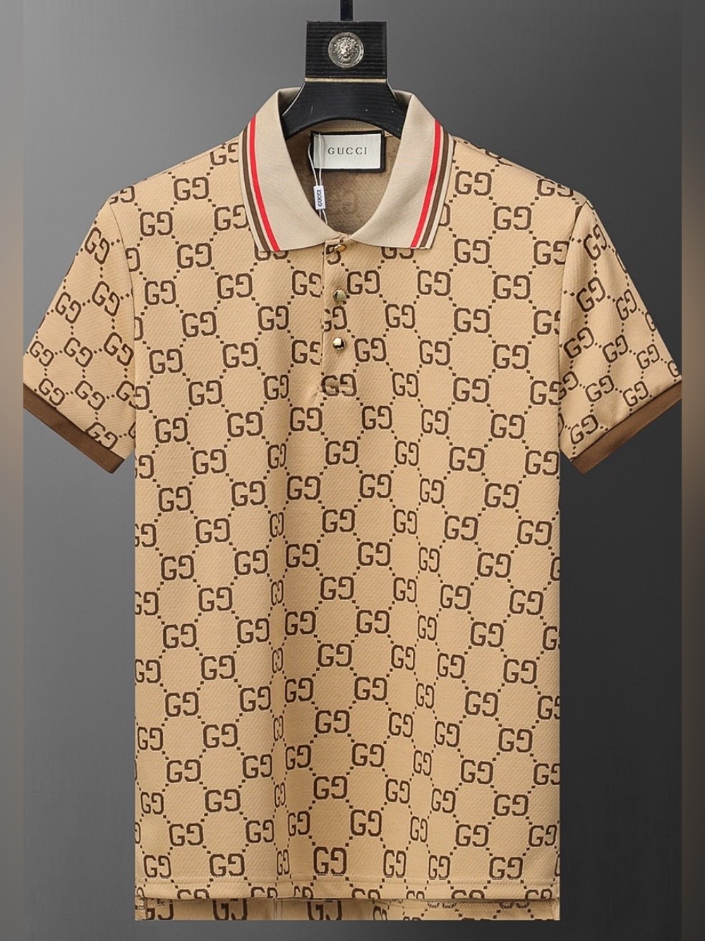 Gucci Beige GG Monogram Polo with Red-Trim Collar